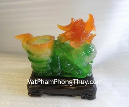 Tỳ hưu xanh, ống đựng bút, đế gỗ- Phú quý vượng tài E045