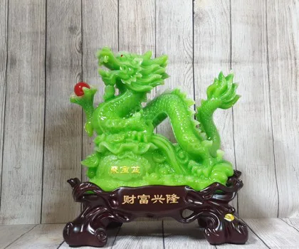 Thần rồng xanh ngọc nhả hồng ngọc cầm kim nguyên bảo ôm hồ lô trên đống tiền - Tường Long Chiêu Tài LN153