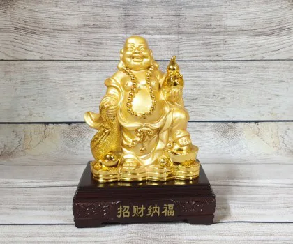 Phật di lạc vàng bóng tay cầm hồ lô vàng túi tiền vàng trên đống vàng - Chiêu Tài Nạp Phước FLN189