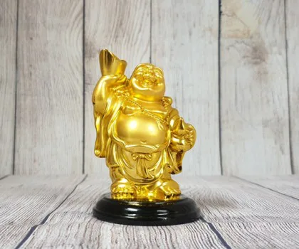 Phật di lạc vàng bóng tay cầm nén vàng hồ lô vàng đứng trên đế gỗ tròn FLN193