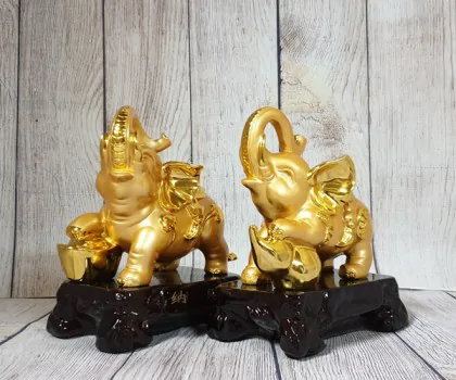Song đế voi vàng bóng lưng hồng châu chân gác hồ lô nén tiền vàng đế gỗ - Cát Tường/ Nạp Tài LN180